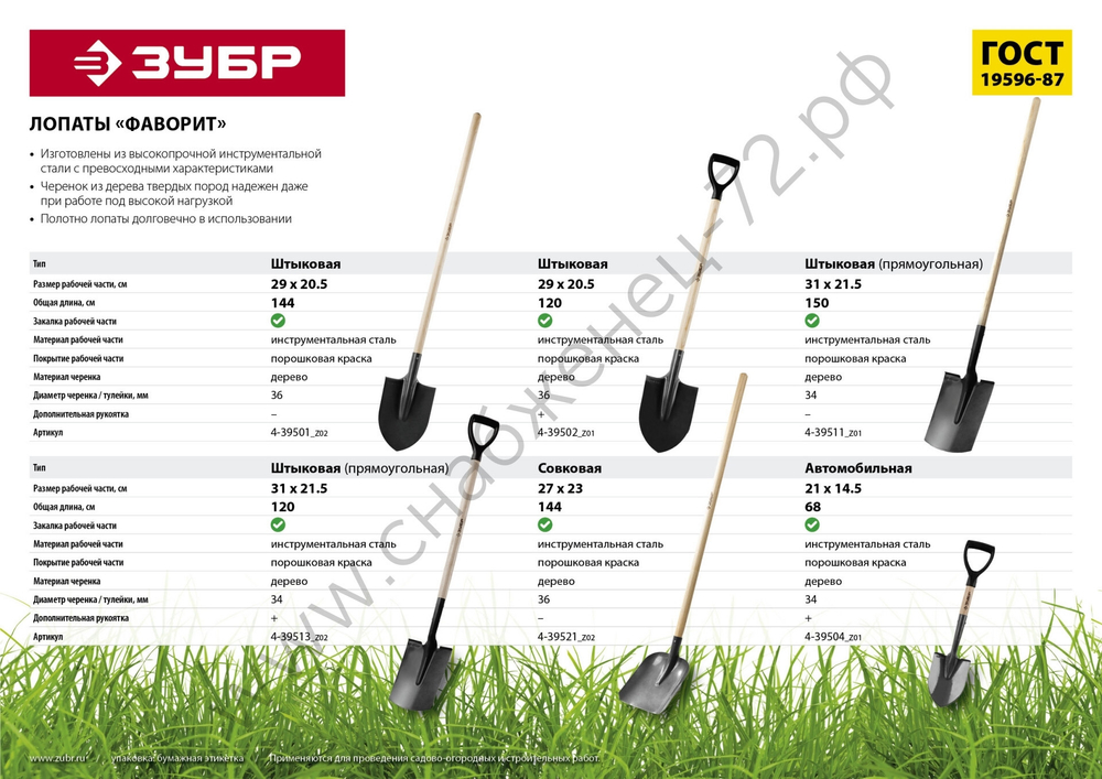 ЗУБР Фаворит, 310 х 215 х 1500 мм, полотно 1.7 мм закалено, дерев. лакир. черенок высш. сорт, штыковая прямоугольная лопата, Профессионал (4-39511)