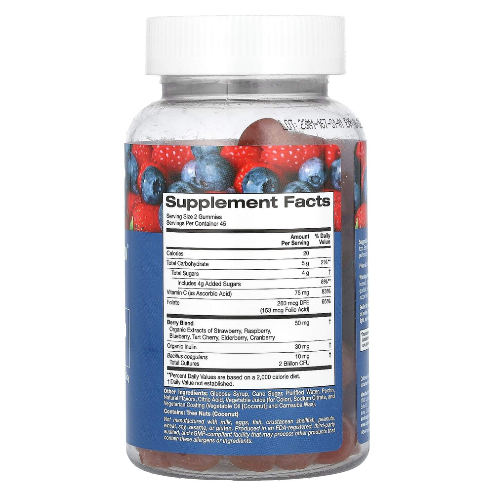 California Gold Nutrition, пробиотик с инулином в жевательных таблетках, с витамином C, фолатом, смесью экстрактов ягод и органическим инулином, с натуральным ягодным вкусом, 90 вегетарианских жевательных таблеток