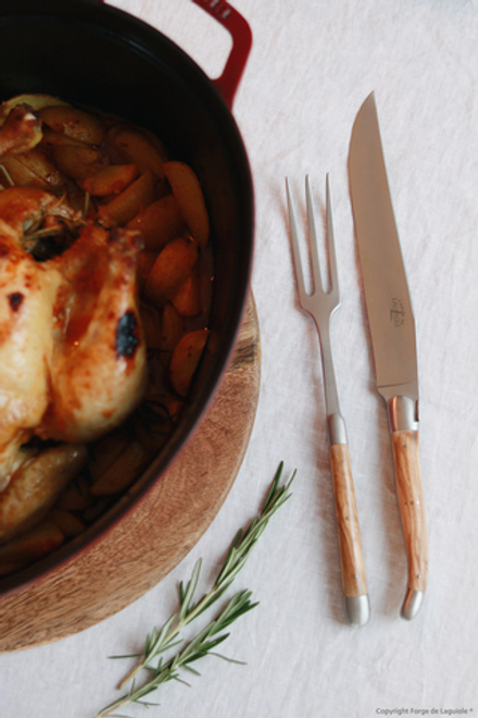 Carving set, small size (fork+ knife), 2 stainless steel bolsters, Juniper handle