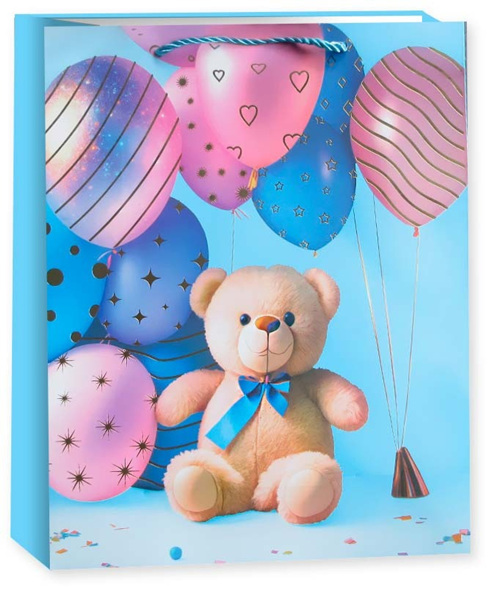 Пакет подарочный, Мишка с шариками, Дизайн №4, Металлик, 24*18*8,5 см, 1 шт.