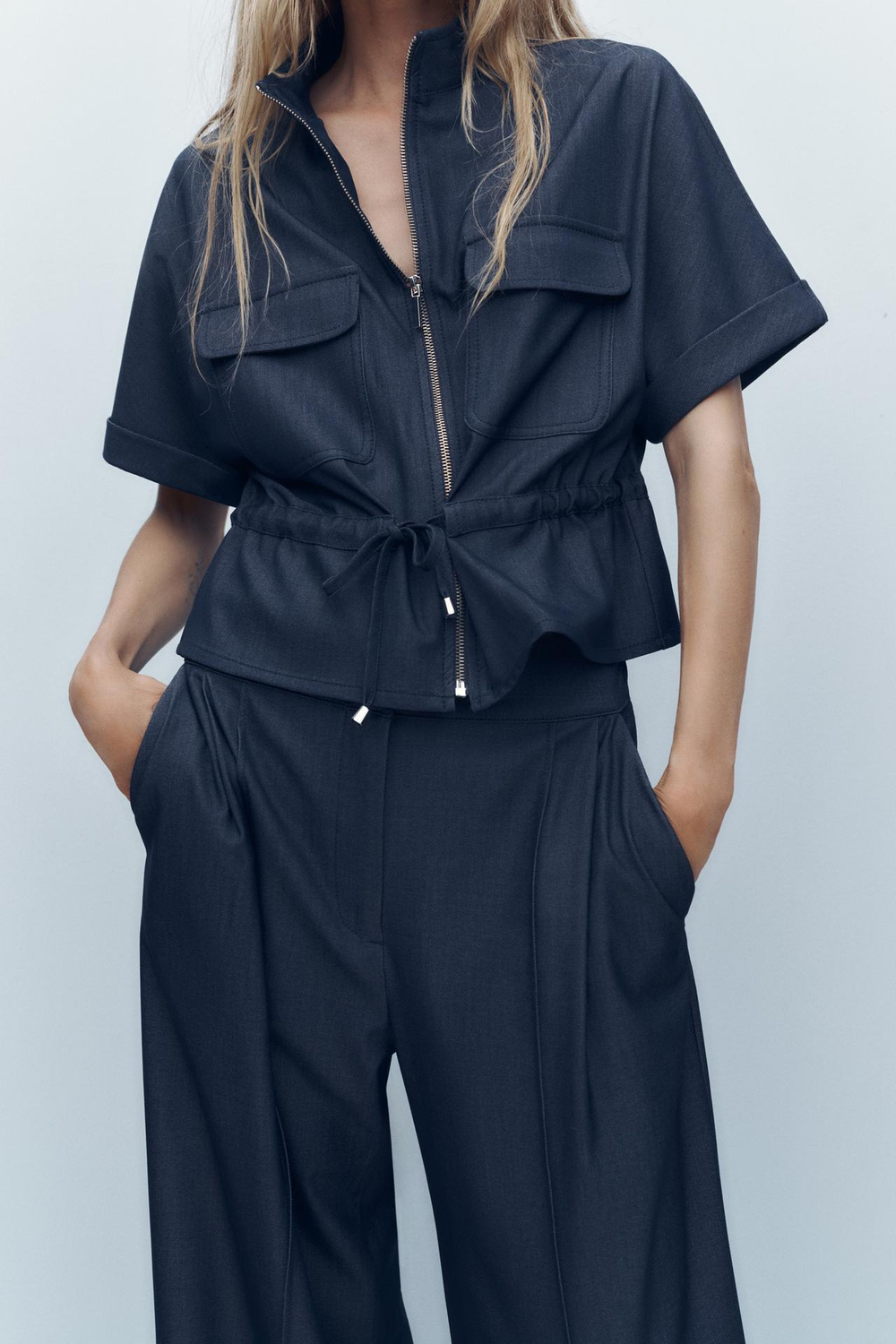 ZARA РУБАШКА САФАРИ СО ШНУРКОМ, СИНИЙ