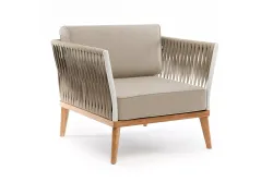 "Касабланка" кресло плетеное из роупа, основание дуб, каркас алюминий светло-серый (RAL7035) муар, роуп серо-коричневый 23мм, ткань бежевая 052