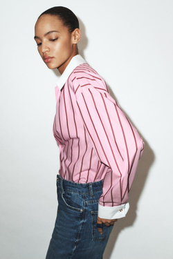 ZARA РУБАШКА ОВЕРСАЙЗ В ПОЛОСКУ С КОНТРАСТНЫМИ МАНЖЕТАМИ, РОЗОВЫЙ/БЕЛЫЙ