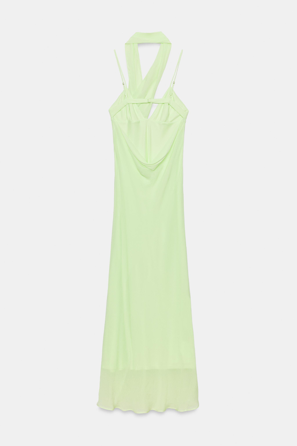 ZARA ДЛИННОЕ ПЛАТЬЕ ИЗ ЖОРЖЕТА С ТОНКИМИ БРЕТЕЛЯМИ И ШАРФОМ, ЛАЙМОВЫЙ