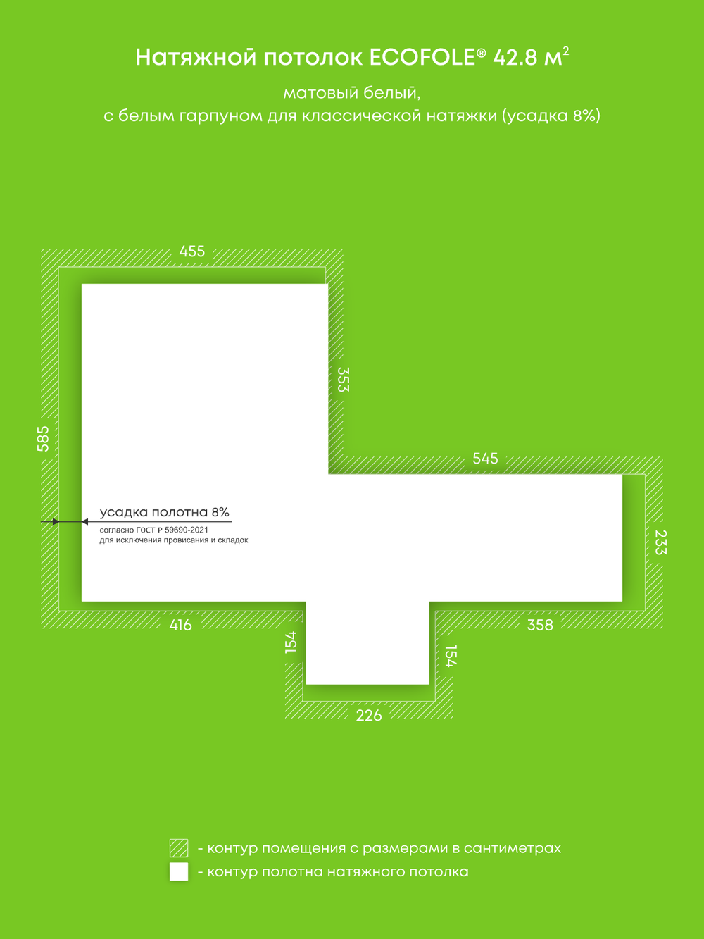 Матовый натяжной потолок 42.8 м2