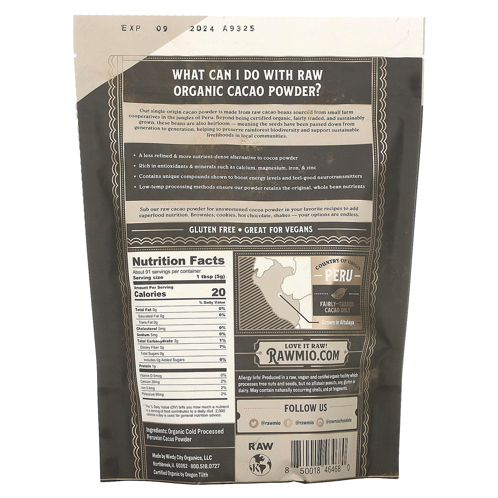 Rawmio, Порошок из необработанного органического какао, несладкий, 1 фунт (16 унций)