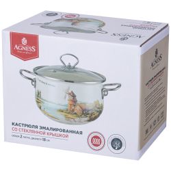 КАСТРЮЛЯ AGNESS ЭМАЛИРОВАННАЯ СО СТЕКЛЯННОЙ КРЫШКОЙ СЕРИЯ "FAMILY HOUSE", 2 Л ДИА.18СМ