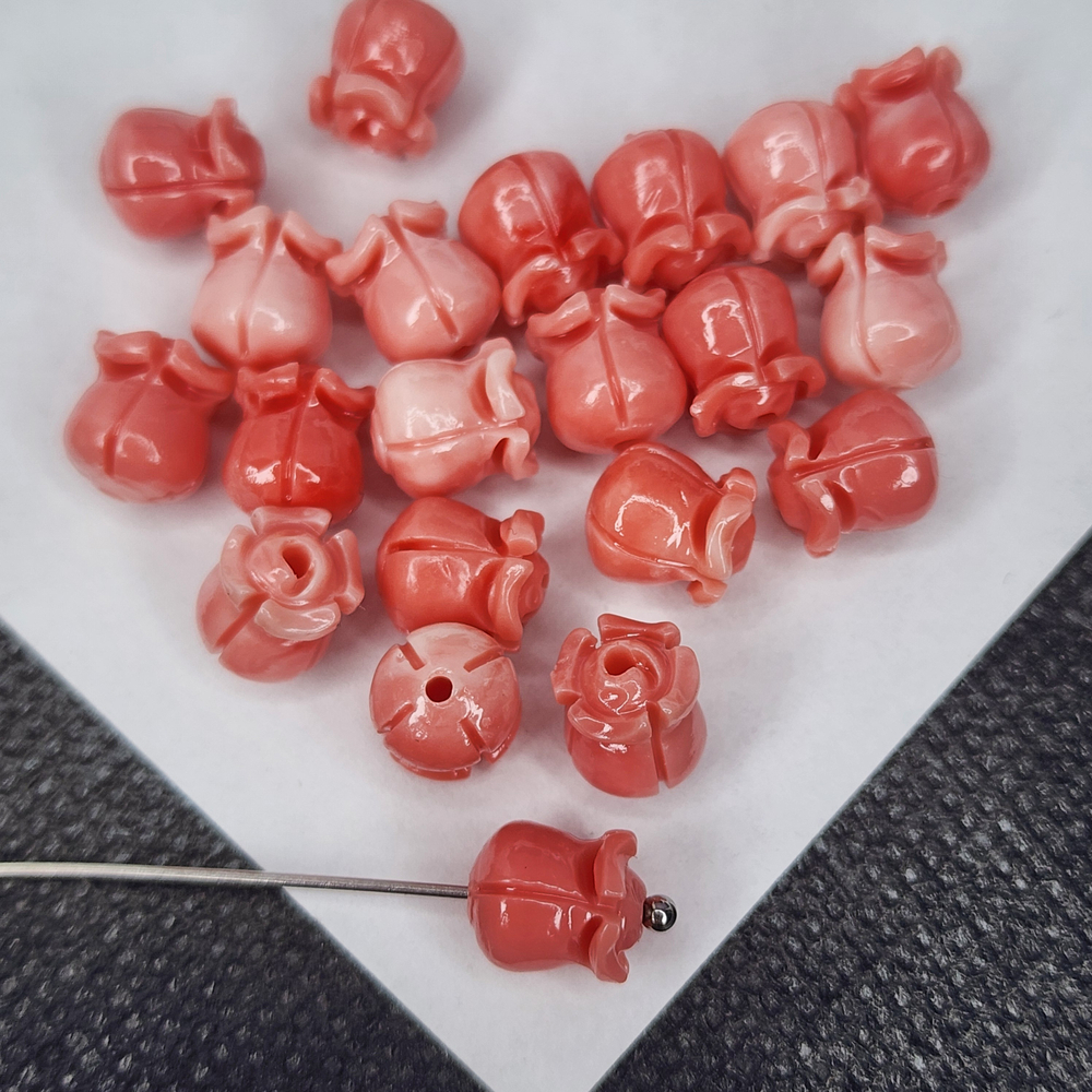 Бусина цветок, роза резная коралловая, р-р 9мм, цена за 1 шт