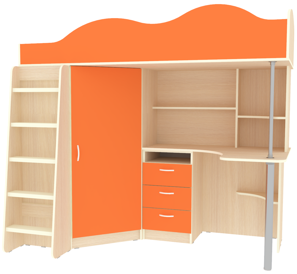 Кровать-чердак КарИВи Пионер с деревянной лестницей  Дуб Молочный Оранжевый