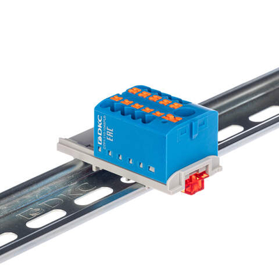 Блок распределительный с верт. адаптером на рейки шириной 15/35мм, зажим push-in, 1 ввод 6 кв.мм, 10 точек подключения 2,5 кв.мм, синий