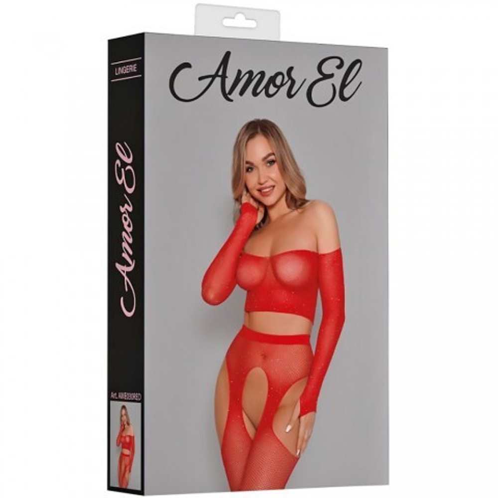 Комплект эротический Amor El топ и чулки с поясом в сетку со стразами, красный, S/L