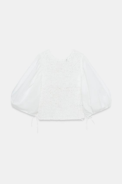 ZARA БЛУЗА С ТРИКОТАЖНЫМИ ЭЛЕМЕНТАМИ, БЕЛЫЙ