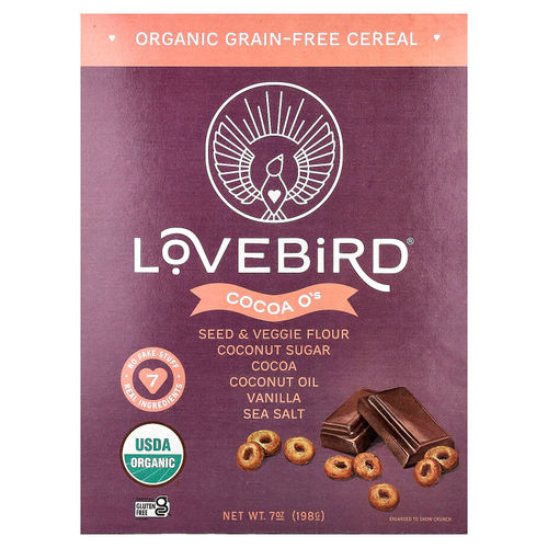 Lovebird, органические беззерновые хлопья, с какао, 198 г (7 унций)