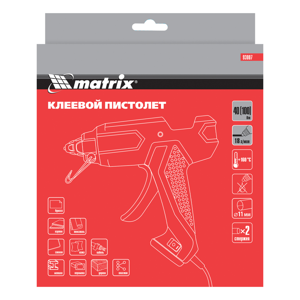 Клеевой пистолет, 11 мм, 40 (100) Вт, 18 г/мин, выключатель и индикатор напряжения// Matrix