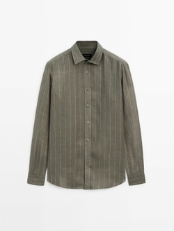 Massimo Dutti Рубашка из 100% льна в полоску, зеленый