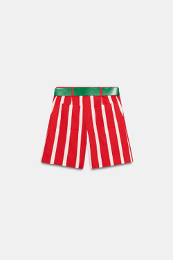 ZARA ШОРТЫ В ПОЛОСКУ С РЕМНЕМ, ЭКРЮ/КРАСНЫЙ