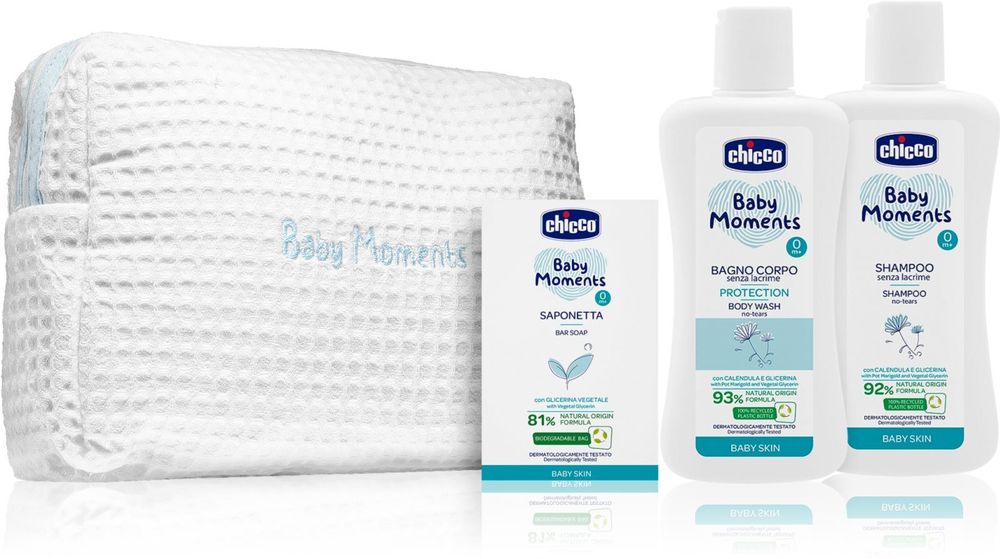 Chicco bar soap for hands 100 g + children&#39;s shampoo for hair 200 ml + all-over shampoo For children 200 ml + toiletry bag 1 pc Baby Moments Blue