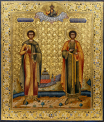 Трифон святой мученик Апамейский (Никейский) и Пантелеимон Целитель. Деревянная икона на левкасе
