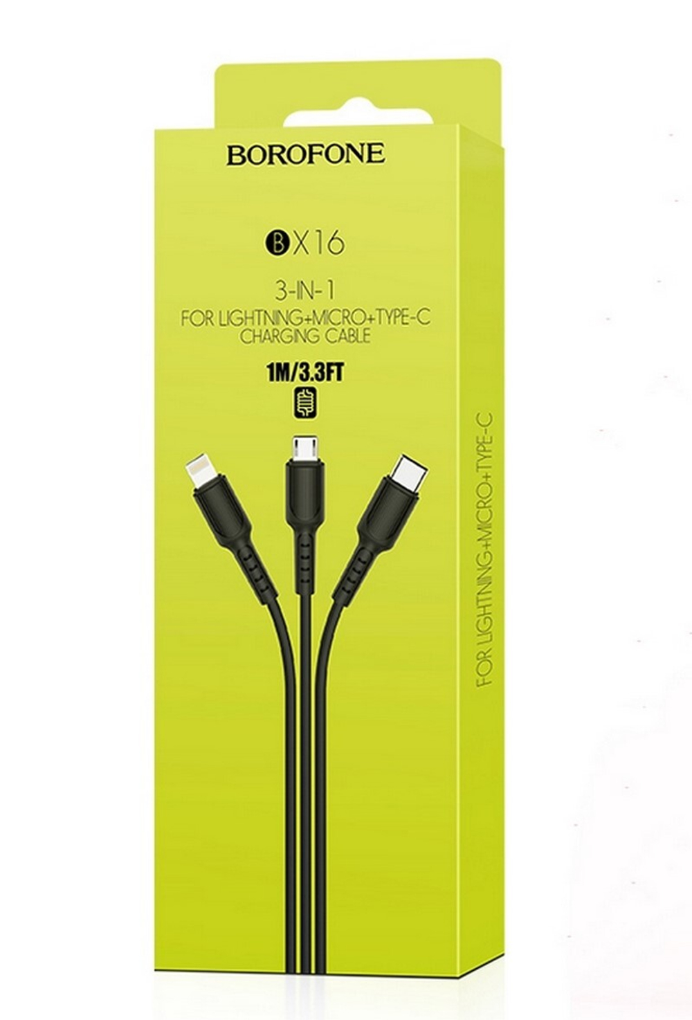 Кабель USB BOROFONE BX16 3 в 1 для iPhone/Micro/Type C (черный) 1m