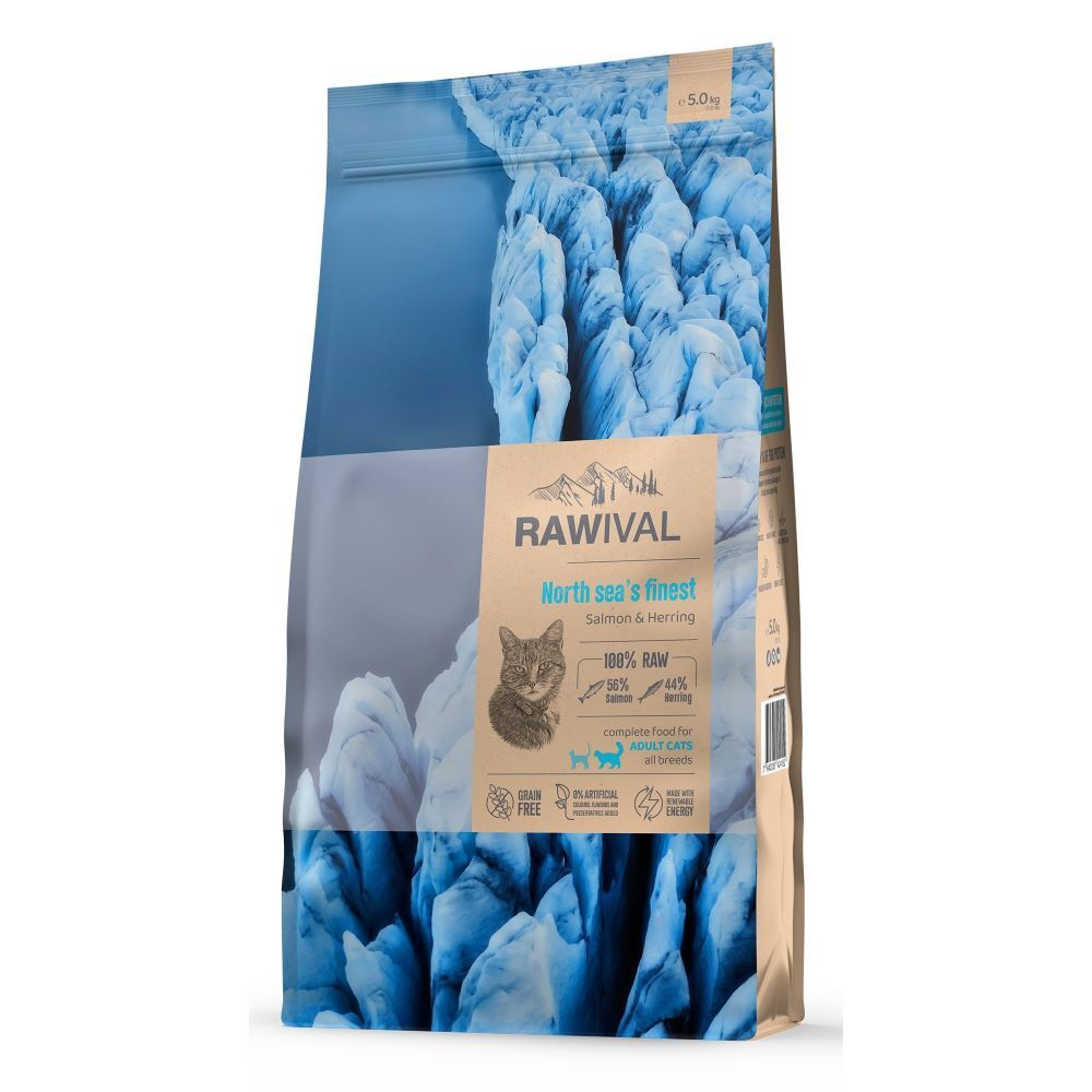 Сухой корм RAWIVAL для кошек с лососем и сельдью - 5 кг