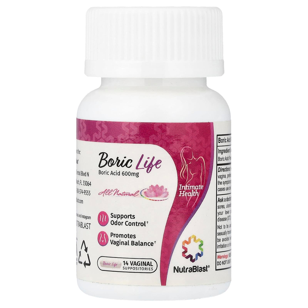 NutraBlast, Boric Life, борная кислота, 600 мг, 14 вагинальных свечей