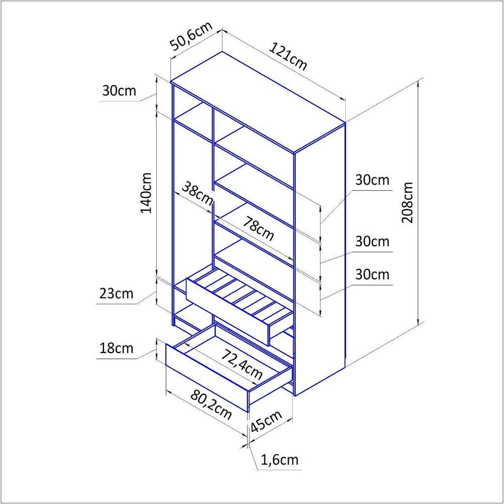 Шкаф распашной 3 двери 3 ящика Марм 121х51х208 см со штангой и полками