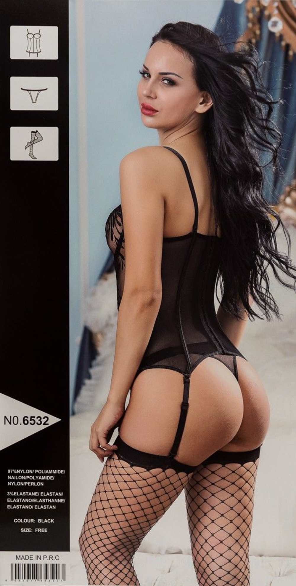 Соблазнительный корсаж в комплекте с трусиками и чулками (Размер: S-M-L) (Цвет: черный)