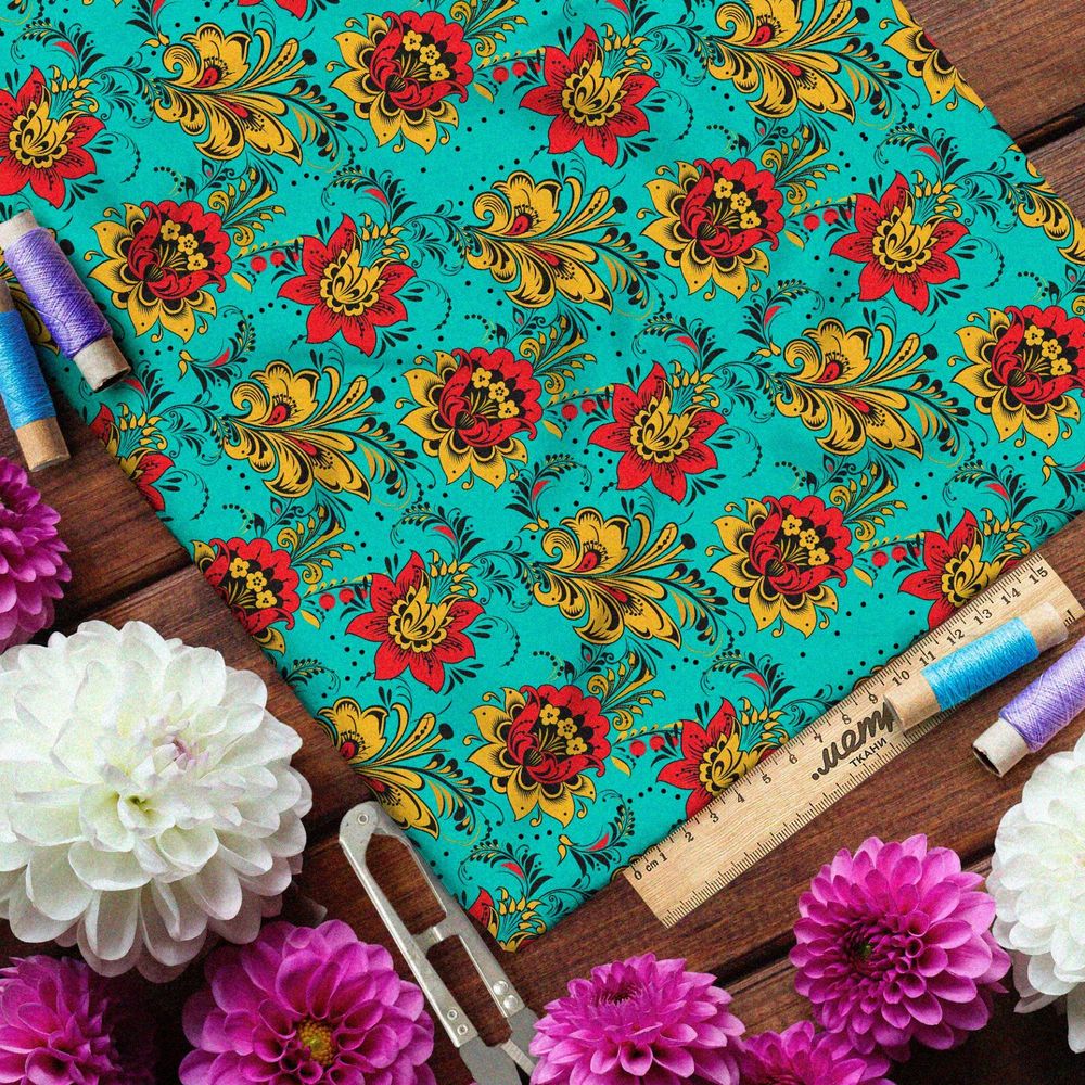 Ткань мембрана редкая цветочная хохлома на бирюзовом фоне