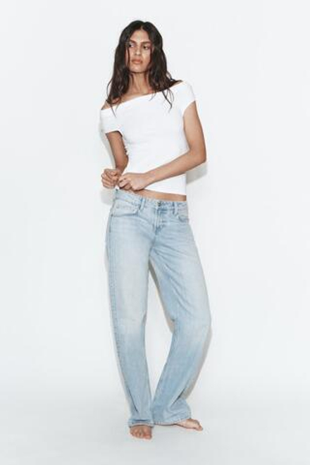 ZARA ДЖИНСЫ TRF ПРЯМОГО КРОЯ С НИЗКОЙ ПОСАДКОЙ И БЛЕСТКАМИ, ГОЛУБОЙ