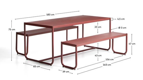Комплект Sotil из 2 скамеек и стола из стали с гранатовой отделкой 183 x 83 cm
