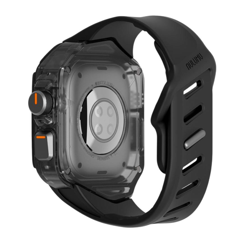 Спортивный ремешок-чехол Aulumu A01 Carbon Fiber Cover для Apple Watch Ultra 2–3 Полупрозрачный поликарбонатный чехол с накладкой из углеродного волокна и водостойкий ремешок в футуристическом стиле из фторэластомера с алюминиевой застёжкой pin-and-tuck.