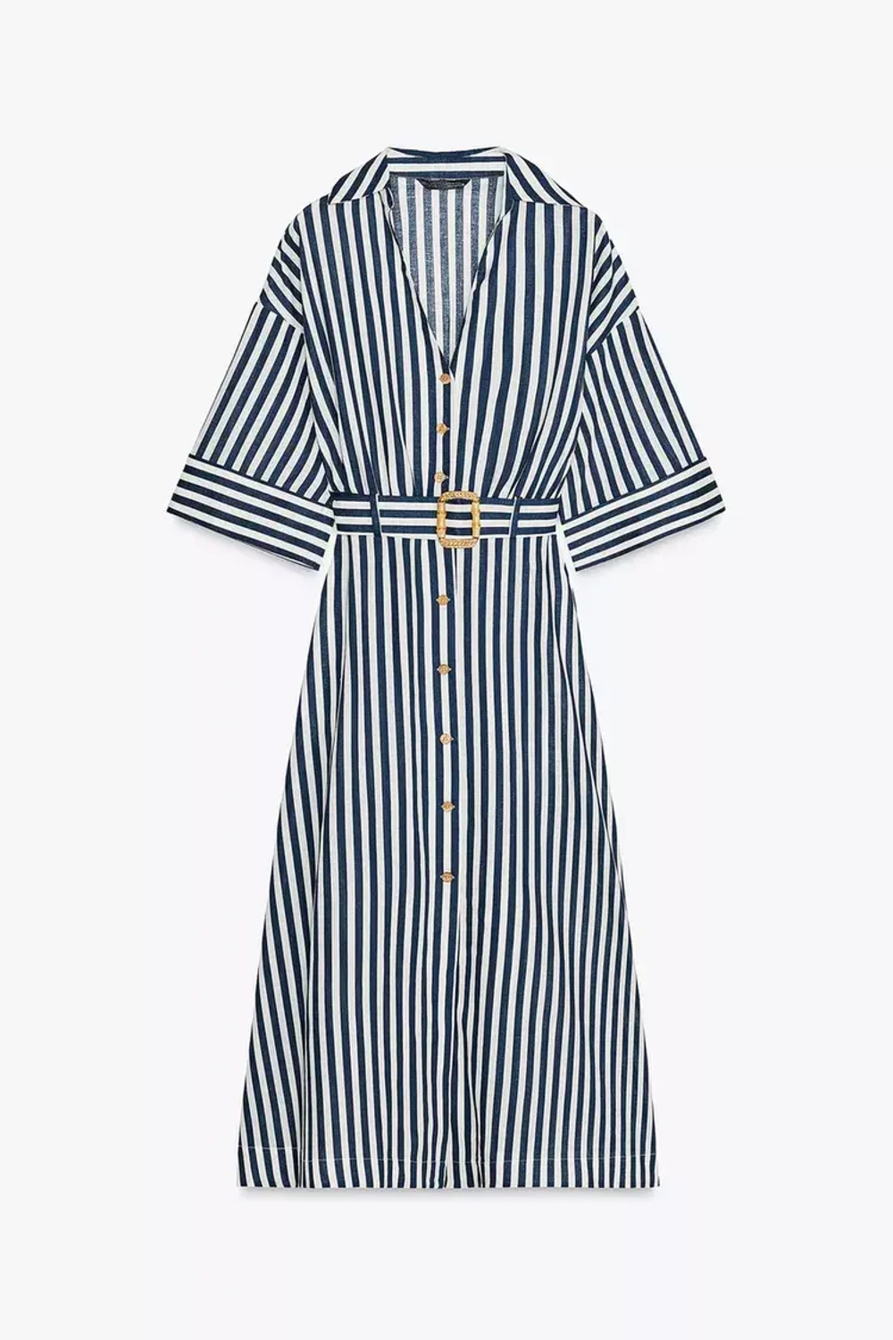 ZARA ПЛАТЬЕ-МИДИ ИЗ СМЕСОВОГО ЛЬНА В ПОЛОСКУ, СИНИЙ/БЕЛЫЙ