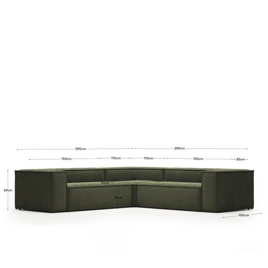 4-местный угловой диван Blok в зеленом толстом вельвете 290 x 290 см
