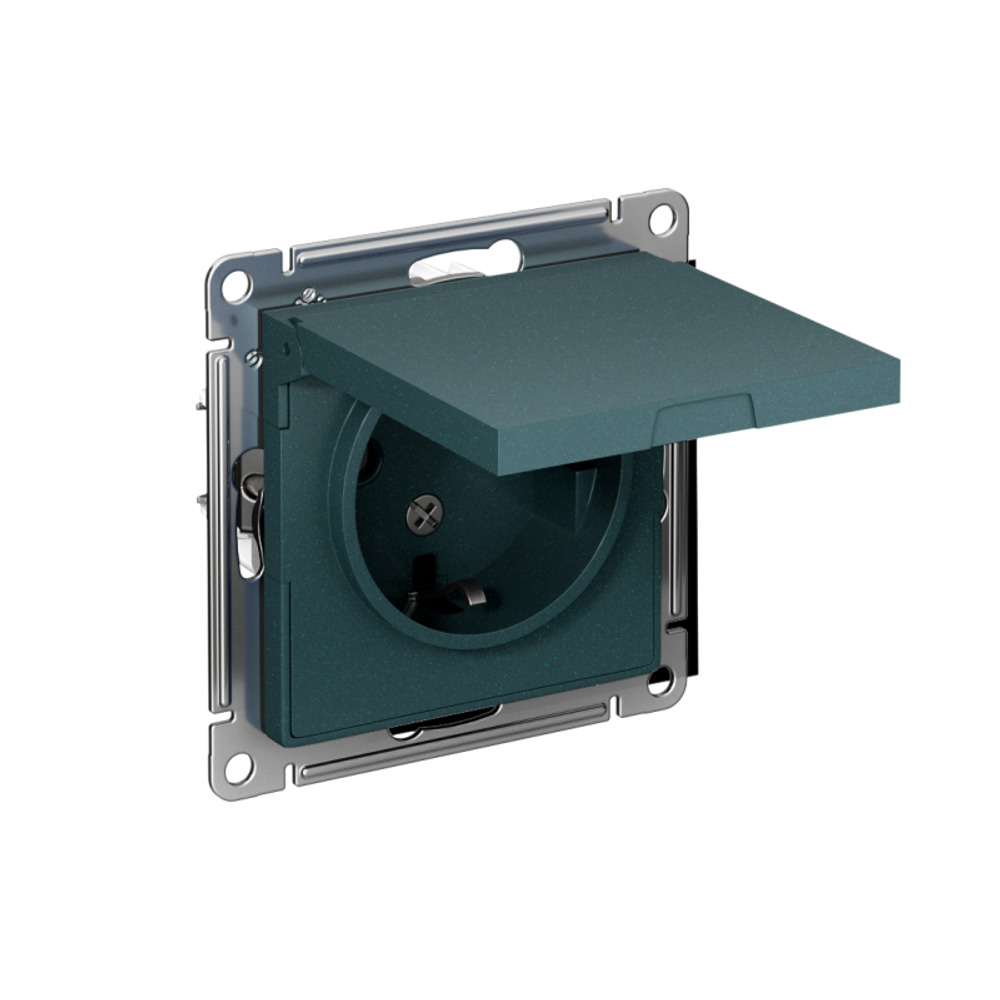 Розетка 1-м СП AtlasDesign 16А IP20 с заземл. защ. шторки с крышкой механизм изумруд SE ATN000846