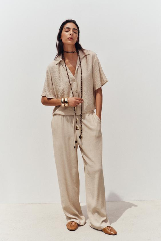 ZARA ШИРОКИЕ БРЮКИ С ЭЛАСТИЧНЫМ ПОЯСОМ, ПЕСОЧНЫЙ