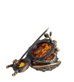 AM- 875 Брошь «Божья коровка» (латунь, янтарь)