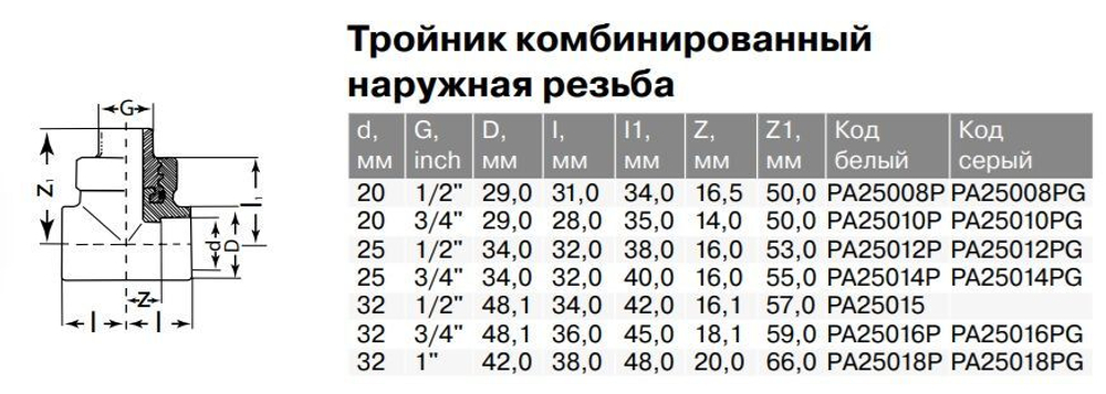 Тройник PPR комбинированный Ду20-32, наружная резьба, серый, Pro Aqua