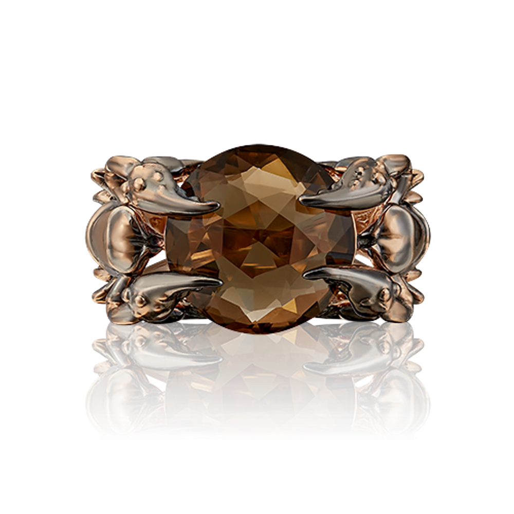 Кольцо «Скорпионы» из красного золота с кварцем дымчатым