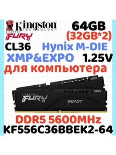 Оперативная память KINGSTON FURY Beast DDR5 64GB 5600MHz CL36 KF556C36BBEK2-64
