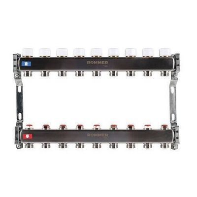 Коллекторная группа для радиаторного отопления ROMMER RMS3200 - 1" на 9 контуров 3/4"EK