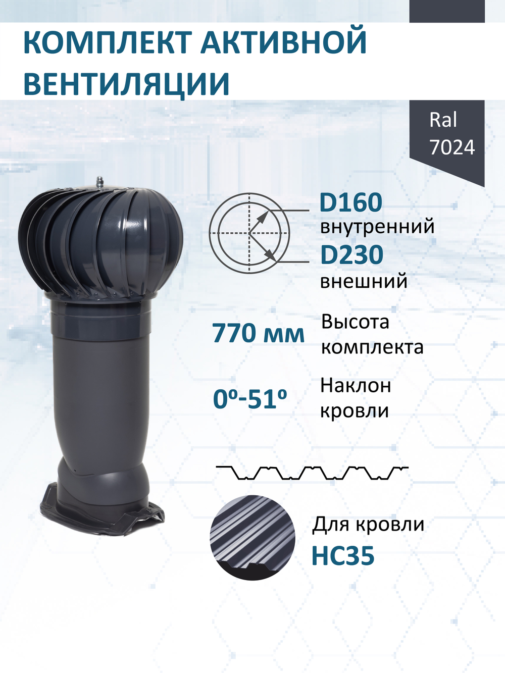 Комплект активной вентиляции: Вентиляционный выход изолированный Vilpe D160/225 утепленный высота H=500 мм, проходной элемент PROF-35 для металлопрофиля кровельного профнастила 35мм, турбодефлектор Ø 230 мм, серый графит