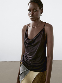 Massimo Dutti Топ свободного кроя на бретелях со скрещенными деталями на спине, шоколадный