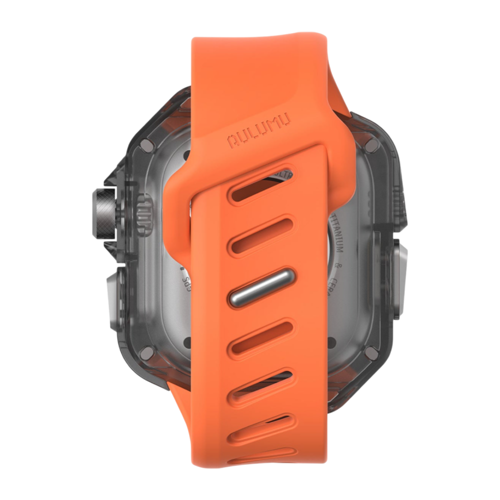 Спортивный ремешок-чехол Aulumu A01 Carbon Fiber Cover для Apple Watch Ultra 2–3 Полупрозрачный поликарбонатный чехол с накладкой из углеродного волокна и водостойкий ремешок в футуристическом стиле из фторэластомера с алюминиевой застёжкой pin-and-tuck.