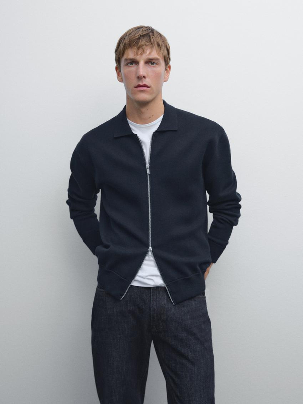 Massimo Dutti Кардиган из смесового хлопка с застежкой-молнией, темно-синий