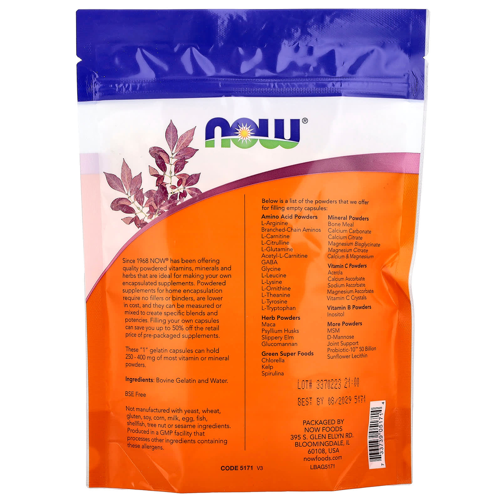 NOW Foods, желатиновые капсулы, размер «1», прибл. 500 пустых капсул