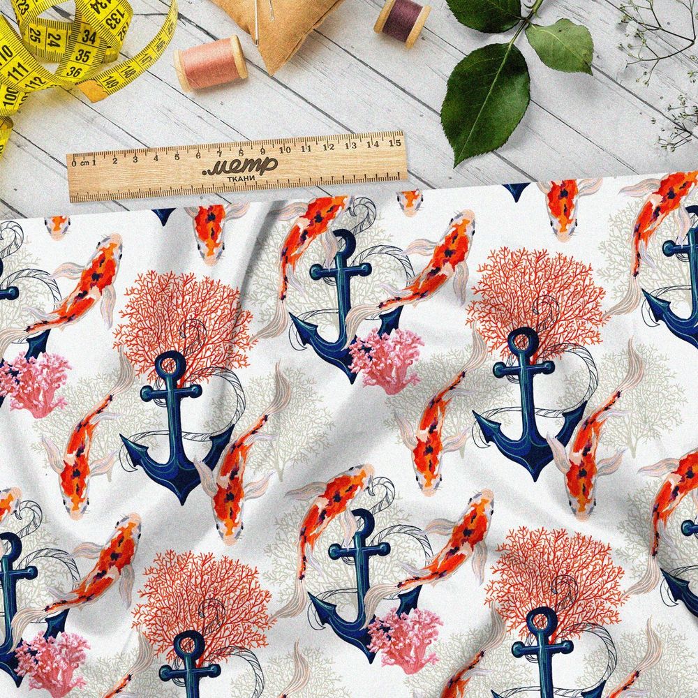 Ткань оксфорд 600 якорь золотые карпы кораллы