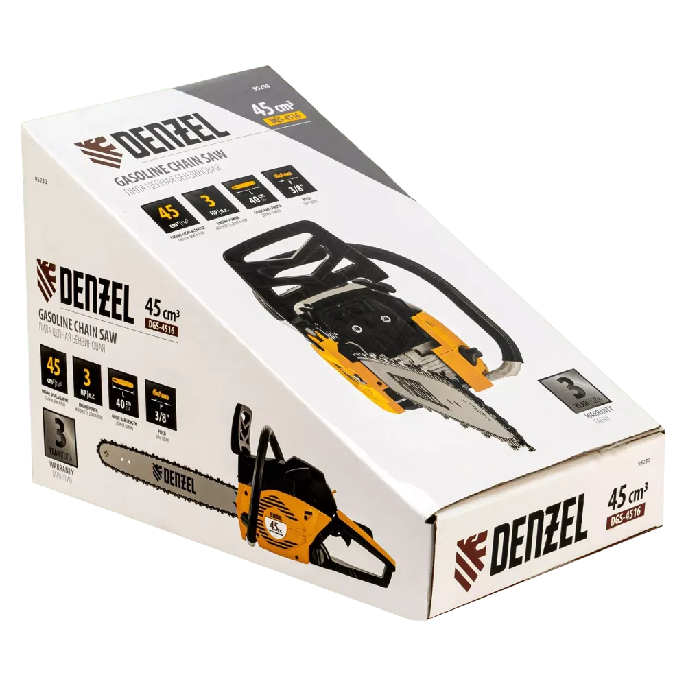 Пила цепная бензиновая DGS-4516, шина 40 см, 45 см3, 3 л.с, шаг 3/8, паз 1.3 мм, 57 звеньев Denzel, 95230