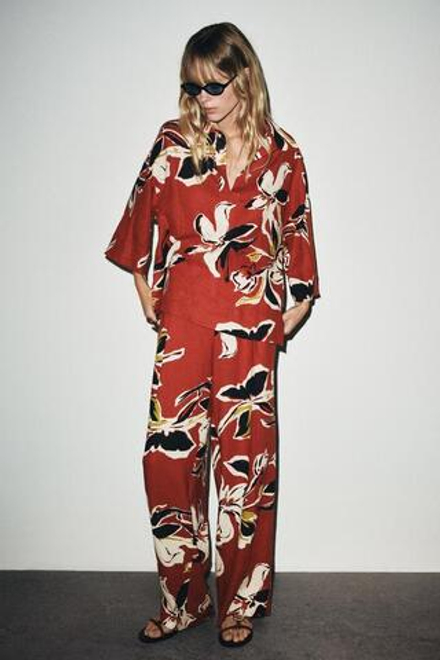 ZARA БРЮКИ С ЦВЕТОЧНЫМ ПРИНТОМ ИЗ ЛЬНЯНОЙ ТКАНИ, РАЗНОЦВЕТНЫЙ