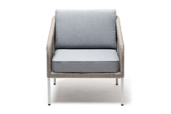 "Канны" кресло плетеное из роупа, каркас алюминий светло-серый (RAL7035) муар, роуп серый меланж круглый, ткань светло-серая