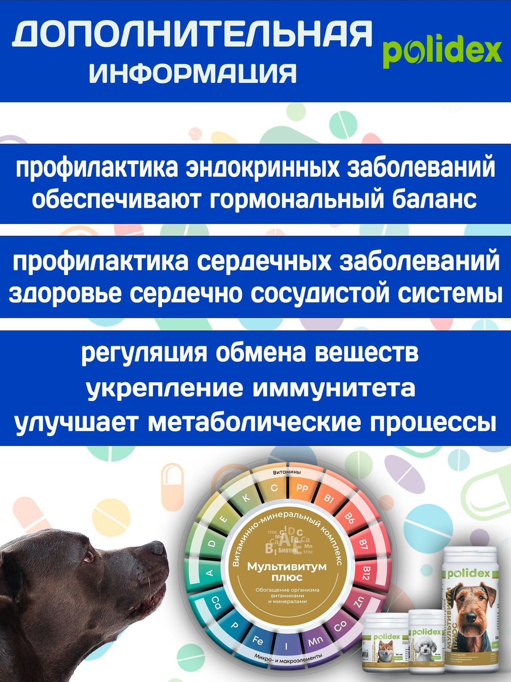 Polidex Multivitum Plus для собак для профилактики нарушений обмена веществ, витаминной и минеральной недостаточности, улучшения внешнего вида у собак Полидекс Мультивитум Плюс, 150таб